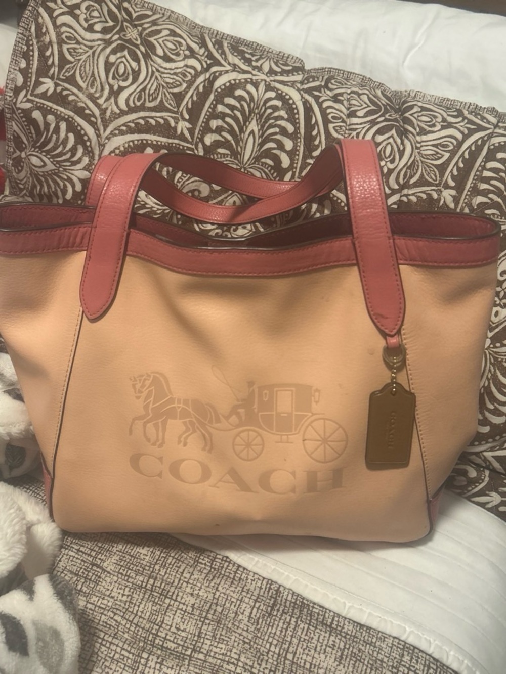 Coach Two-Tone Leather Tote in Peach and Coral Trim